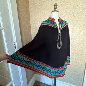 VTG 70s Chunky Knit Draped Technicolor Geometric Pattern Border Poncho Sweater
